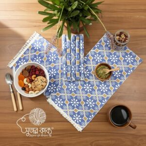 Sutar Kabbo Aesthetic Hand Loom Table Runner - Sky Blue & Gold Floral Geometric - Artisan Woven Cotton Home Decor