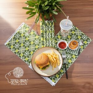 Sutar Kabbo Aesthetic Hand Loom Table Runner - Sage Green & Olive Floral Geometric - Artisan Woven Cotton Dining Decor