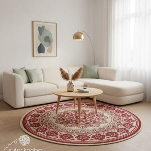 Natural Fiber Round Area Rug – Symmetrical Floral Mandala Rug for Living Room
