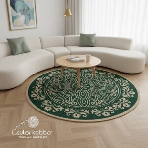 Natural Fiber Round Area Rug – Symmetrical Floral Mandala Rug for Living Room