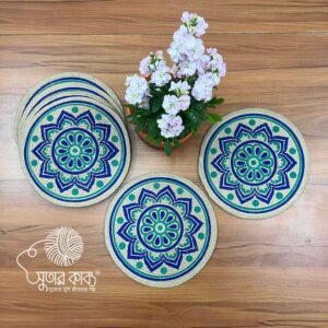 Handcrafted Artisan Jute Place Mats – Round Decorative Table Mats with Mandala, Botanical & Floral Prints – Eco-Friendly, Heat Resistant Dining Decor (Set of 6)
