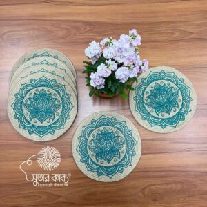 Handcrafted Artisan Jute Place Mats – Round Decorative Table Mats with Mandala, Botanical & Floral Prints – Eco-Friendly, Heat Resistant Dining Decor (Set of 6)