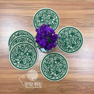 Handcrafted Round Jute Place Mats – Green Floral Botanical Print Table Mats – Eco-Friendly, Heat Resistant Dining Decor (Set of 6)
