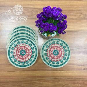 Artisan Jute Place Mats – Handcrafted Round Table Mats with Floral & Mandala Prints – Eco-Friendly, Heat Resistant Dining Decor (Set of 6)