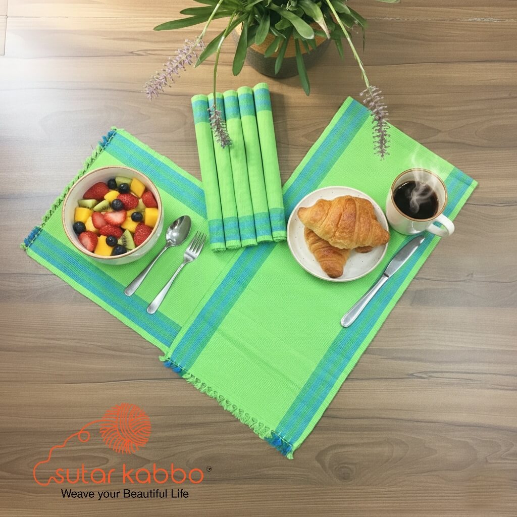 Handwoven Green Table Runner & Placemat Set | Traditional Hand Loom Cotton Table Linen