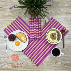 Handloom Purple & Yellow Cotton Table Runner Set | 100% Cotton Dining Table Décor