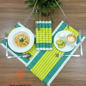 Hand Loomed Cotton Table Runner - Vibrant Yellow & Teal Stripes - Artisan Woven Modern Farmhouse Decor