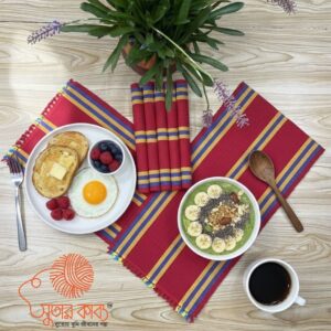 Sutar Kabbo Hand Loomed Cotton Table Runner - Crimson Red with Golden Yellow & Navy Stripes - Artisan Woven Dining Decor