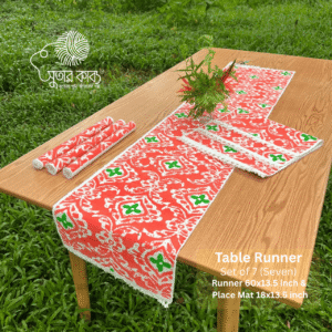 Sutar Kabbo Handcrafted Eco-Friendly Jute and Cotton Table Runner Set (7 Pieces) - Festive Red & Green