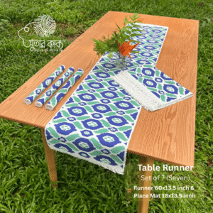 Sutar Kabbo Handcrafted Eco-Friendly Jute and Cotton Table Runner Set (7 Pieces) - Royal Blue & Sea Green