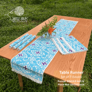 Sutar Kabbo Handcrafted Eco-Friendly Jute and Cotton Table Runner Set (7 Pieces) - Sky Blue & Purple